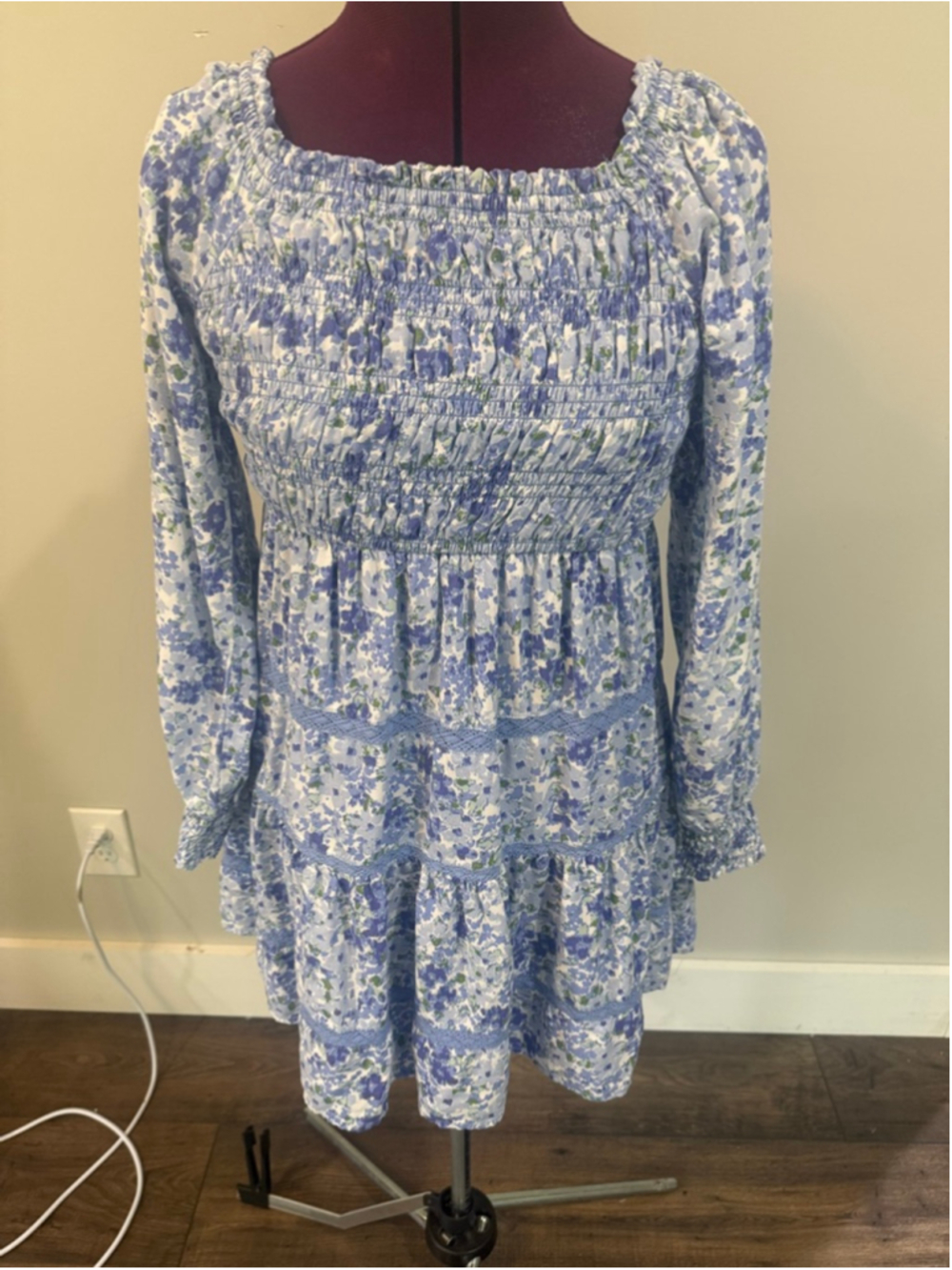 Japna Blue White Floral Smocked Mini Small